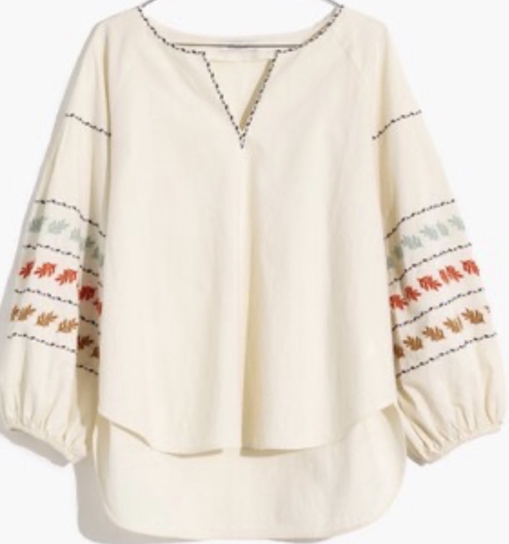 Madewell Ivory Multicolor Embroidered Peasant Blouse V-Neck Balloon 3/4 XS