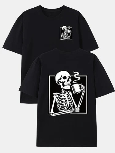 Skull Coffee, Bone Pattern Double-Sided Print Men’s Fashion Trendy T-Shirt