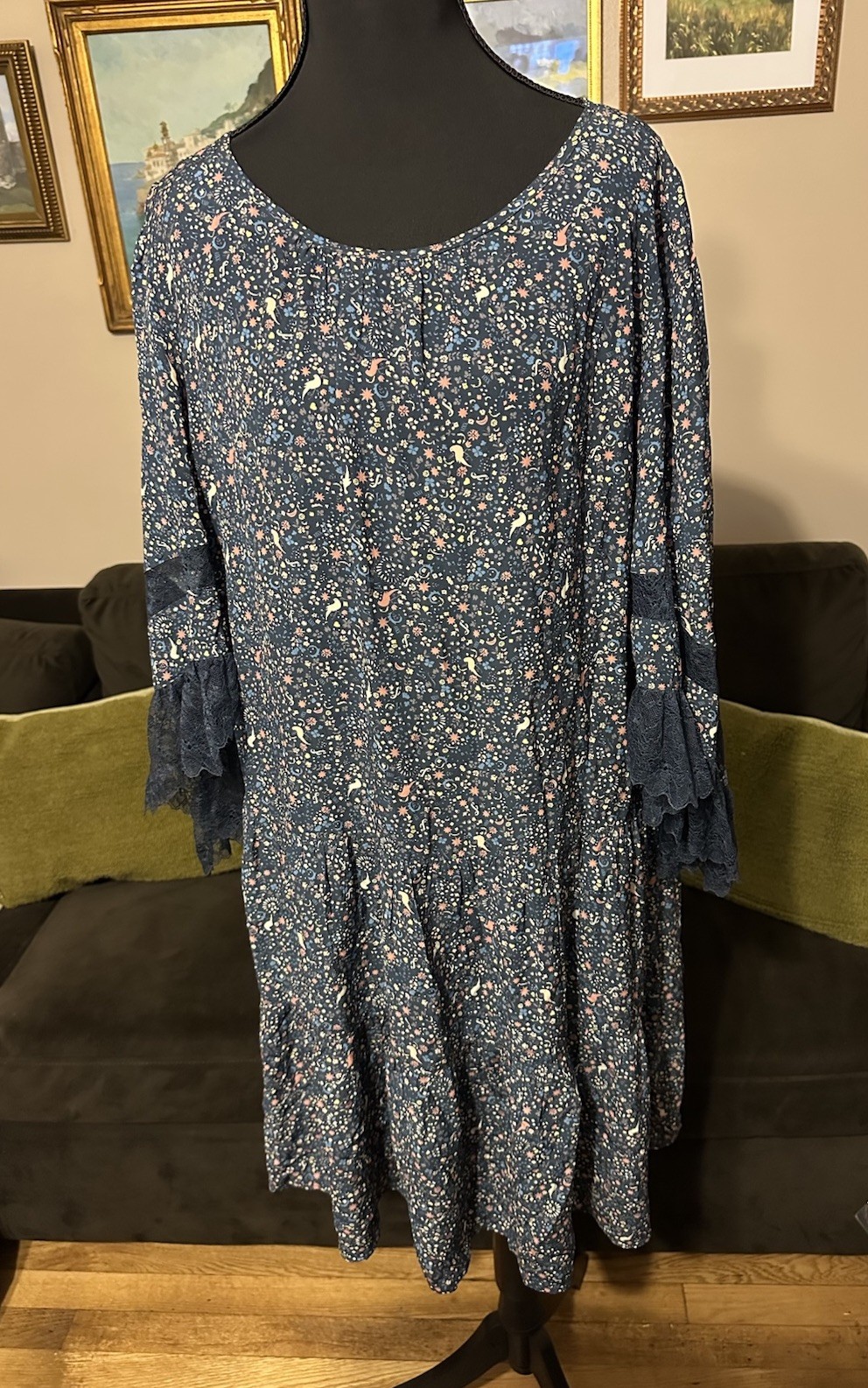 See By Chloe Printed Dress Lacy Sleeves Whimsical Boho Flowy Size 42