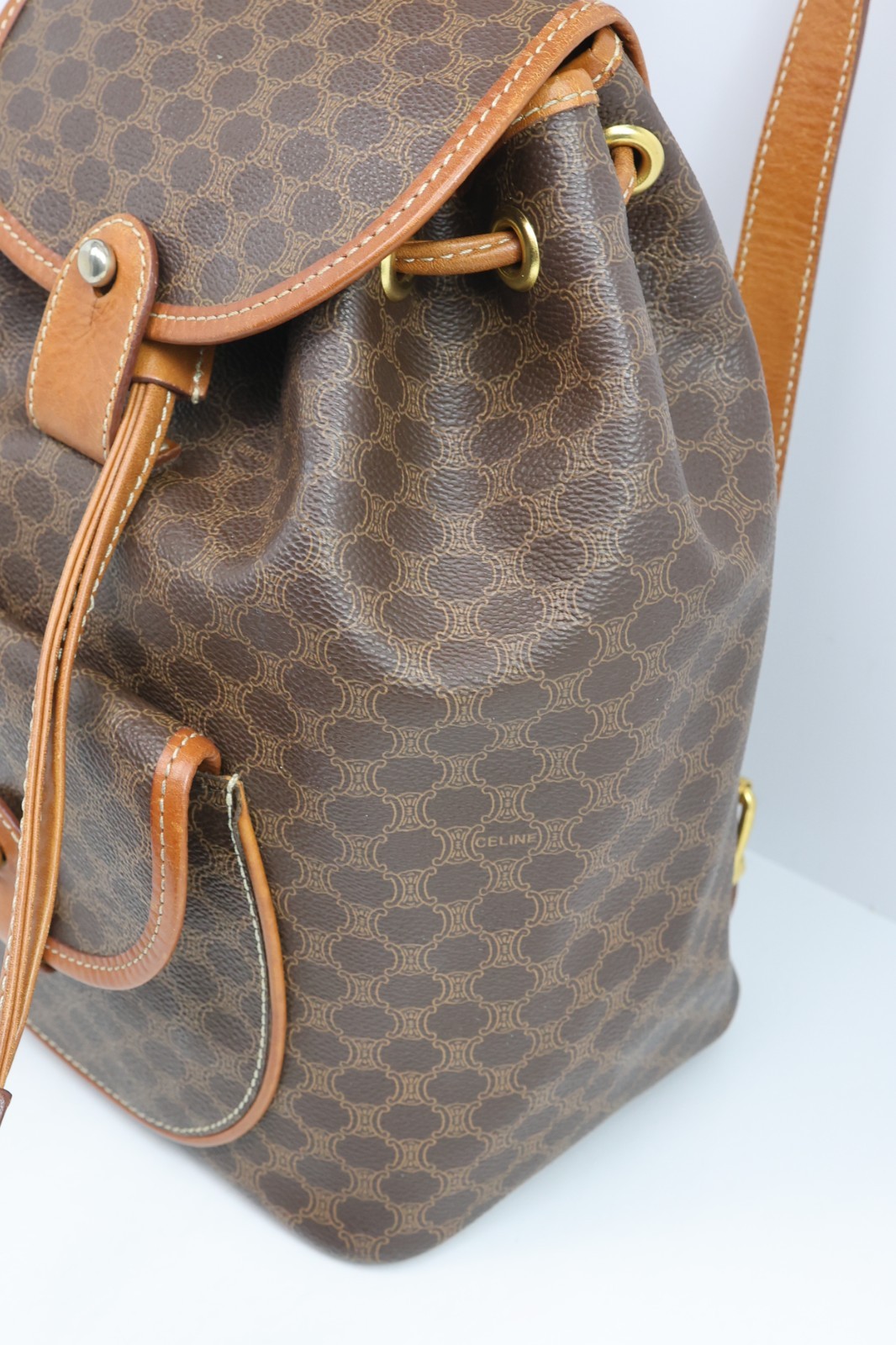 Authentic CELINE Macadam Canvas Backpack Brown PVC Leather Vintage Bag France