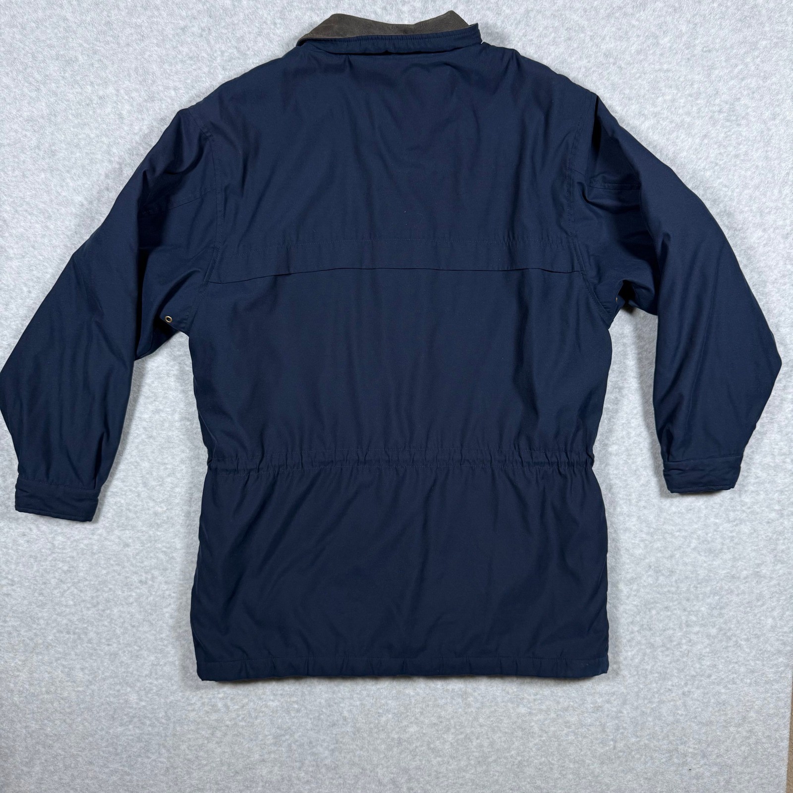 Eddie Bauer Mens Navy Blue Quilted Lined Chore Jacket Leather Collar Medium Y2k