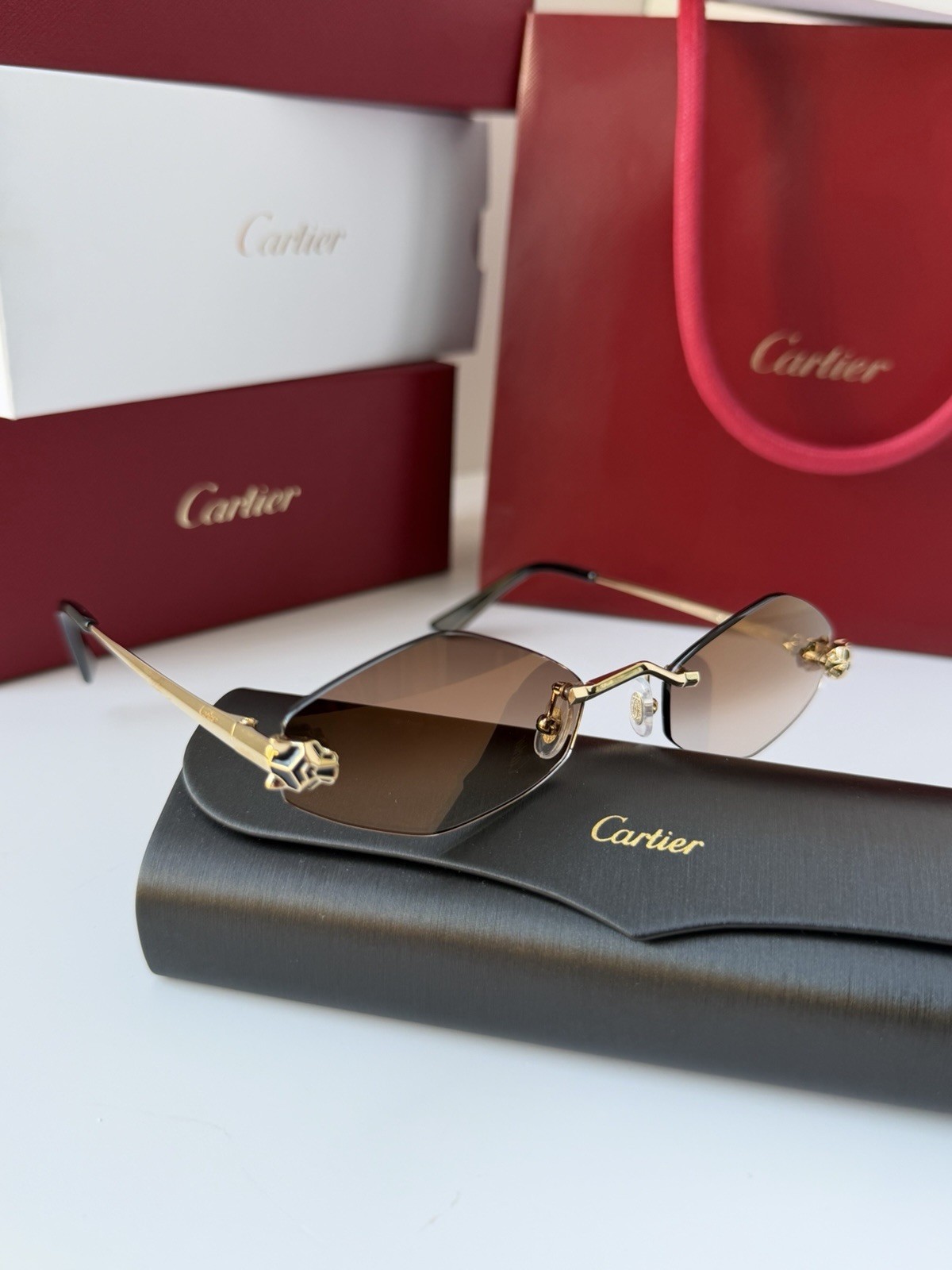 CARTIER Panthere De Cartier Sunglasses CT0433S 002 Gold Brown Lens AUTHENTIC