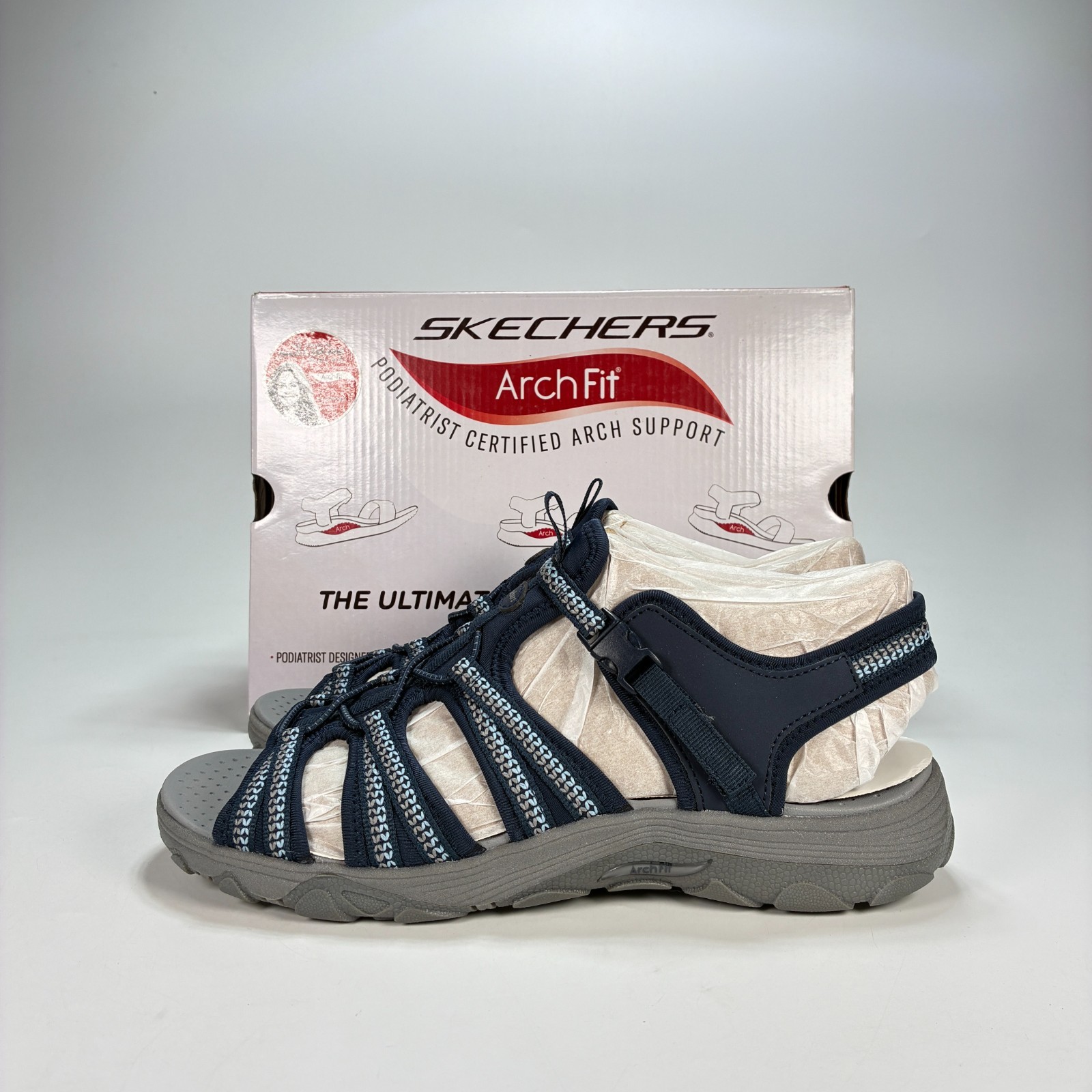 Skechers Arch Fit Reggae Groundbreaking Navy Fisherman Sandals Women’s Size 11