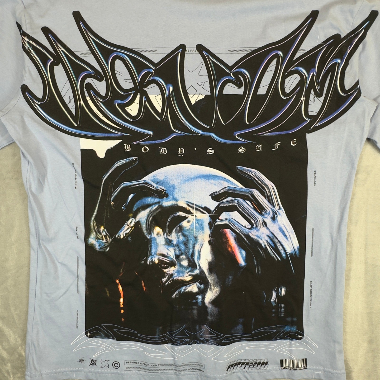 boohooMAN Oversized Photographic Print T-shirt Small Dusty Blue Cotton New