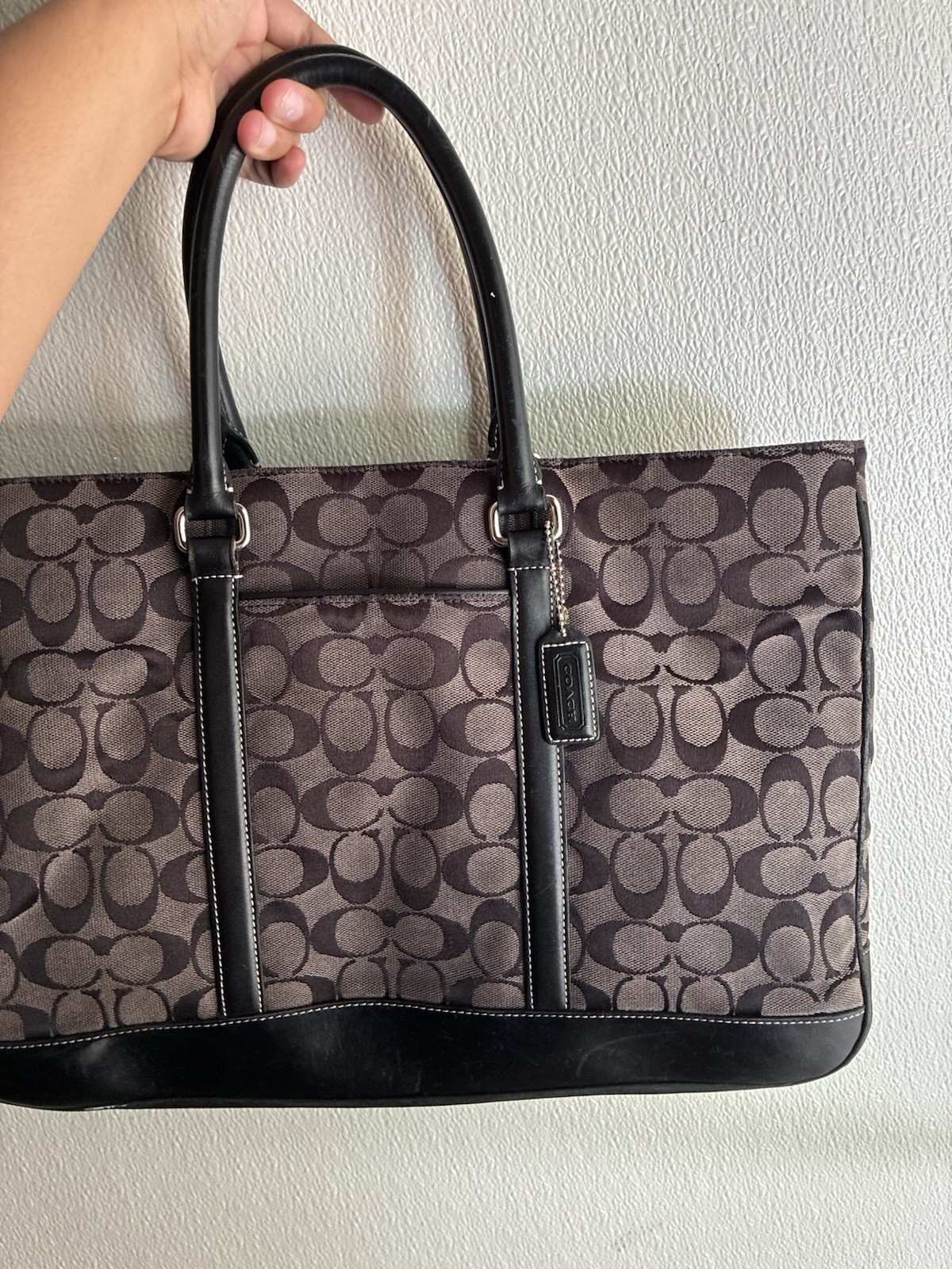 Coach Signature Logo Large Tote Bag Brown/Black Zip Detachable Strap Pockets