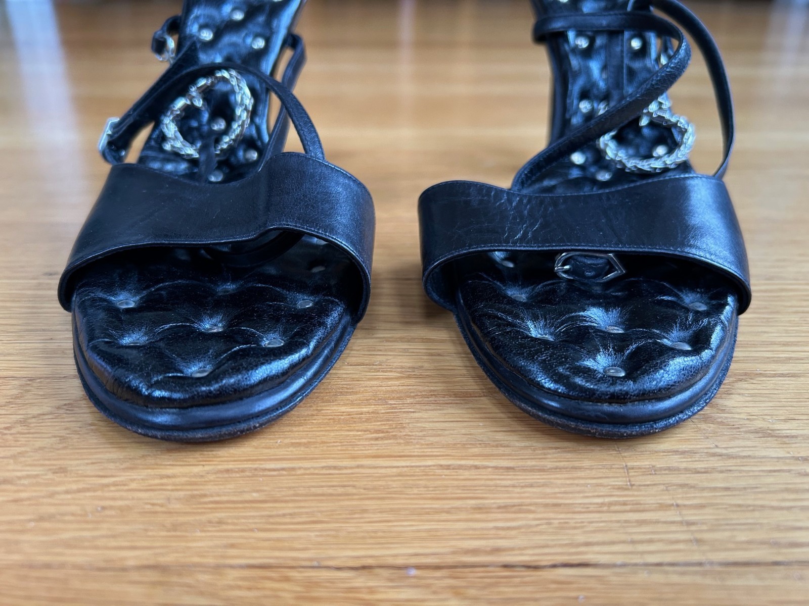 CESARE PACIOTTI Black Leather Sandals with Dagger &Sword Logo Size 10 IT 40 Good