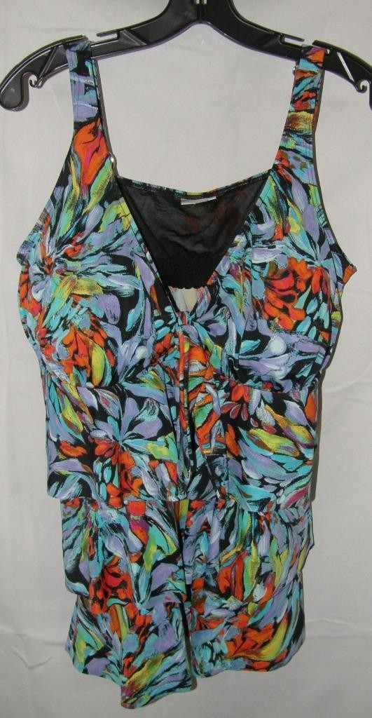 AVENUE Colorful Plus Sz 22 Built In Bra Adjustable Straps Tiered Tankini Top
