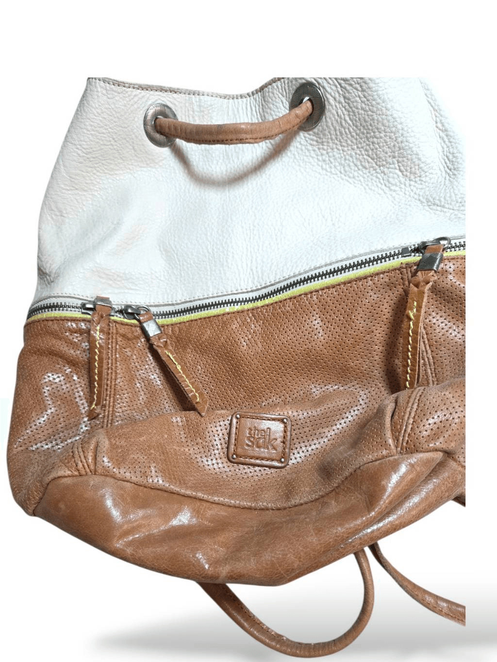 The Sak Leather Drawstring Backpack Bucket Bag Cognac Brown White Mixed Texture