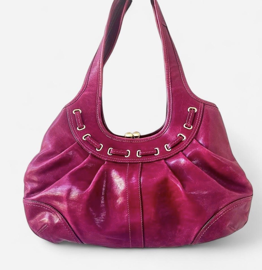 Vintage COACH Ergo Pleated Kisslock Magenta Leather Bag Authentic