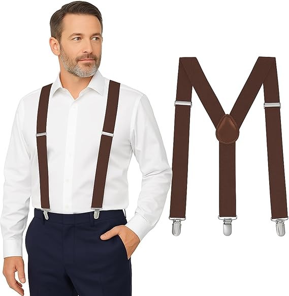 Mens Heavy Duty Suspenders Y Back Adjustable Strong Metal Clips (Coffee, 1)