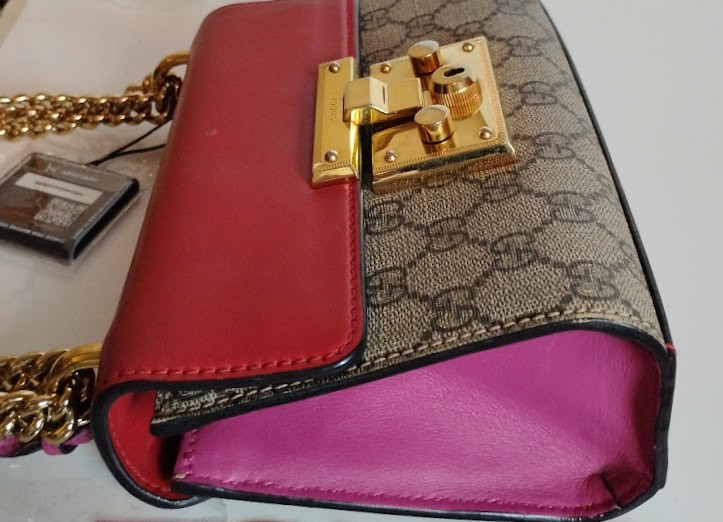 Gucci Padlock GG Supreme Small Shoulder Bag Canvas Red Leather Chain 409487 COA