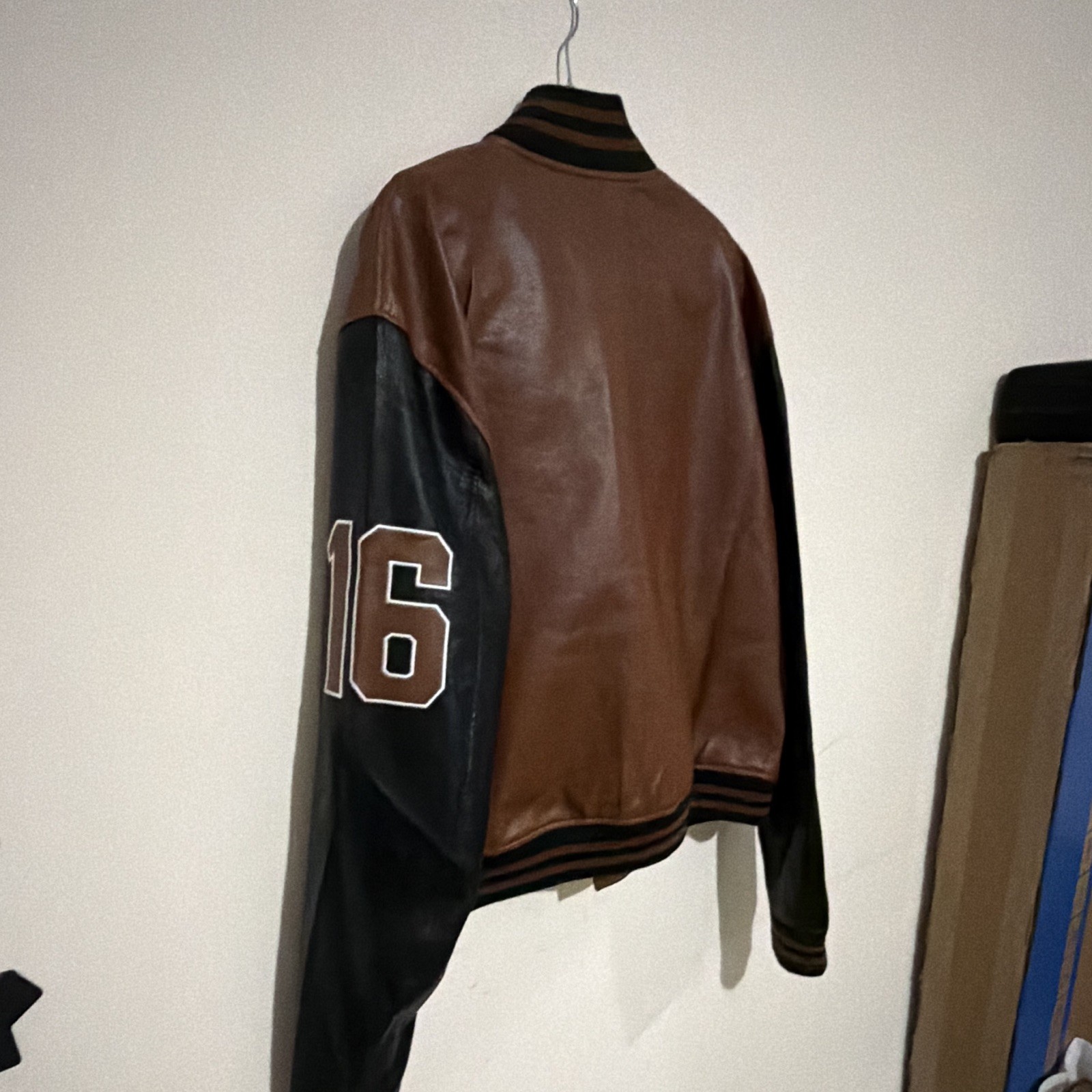 mnm Men’s Varsity Jacket Brown/Black Snap-Button Front Logo Striped XL