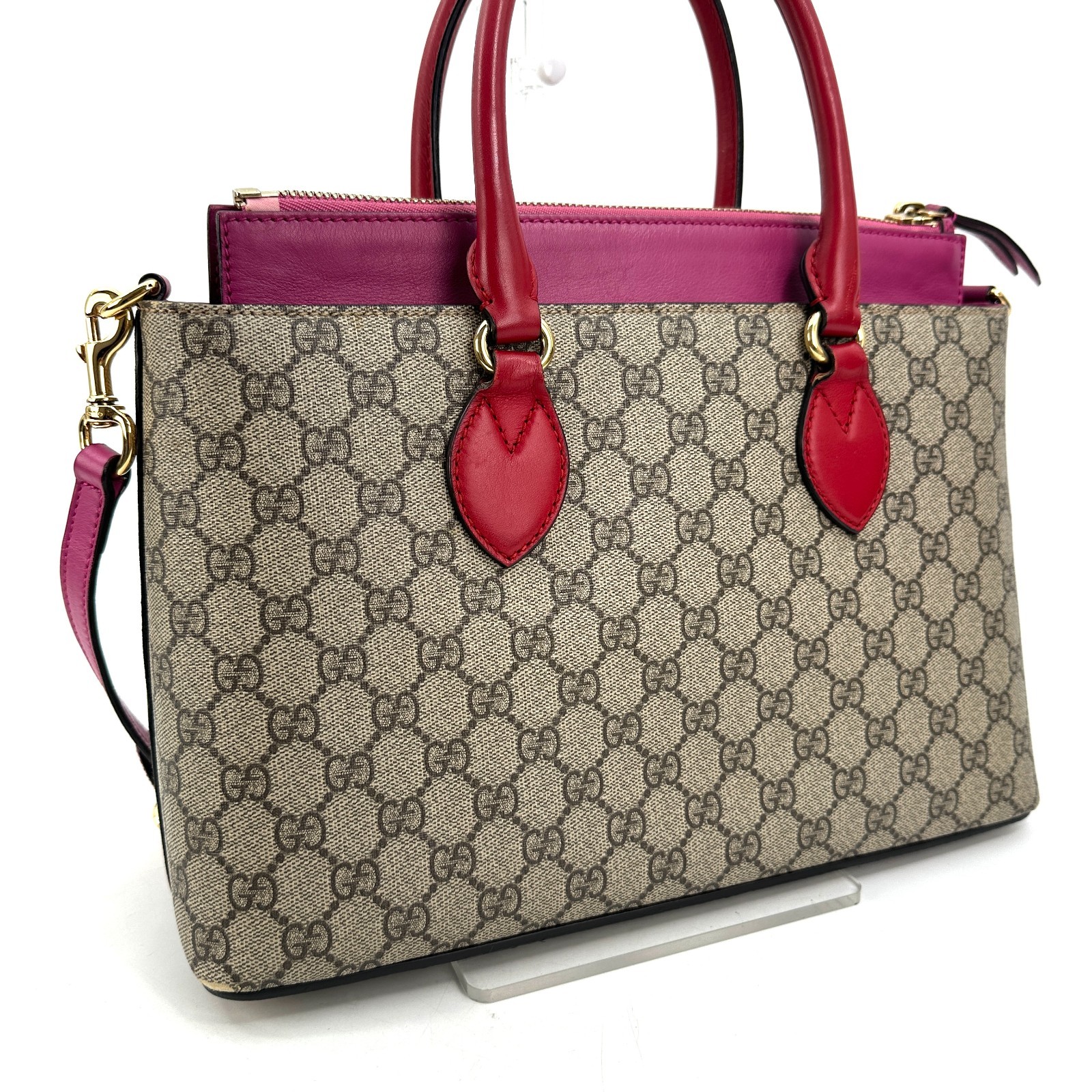 Gucci GG Supreme Monogram 2 Way Purse Bag Tote Pink