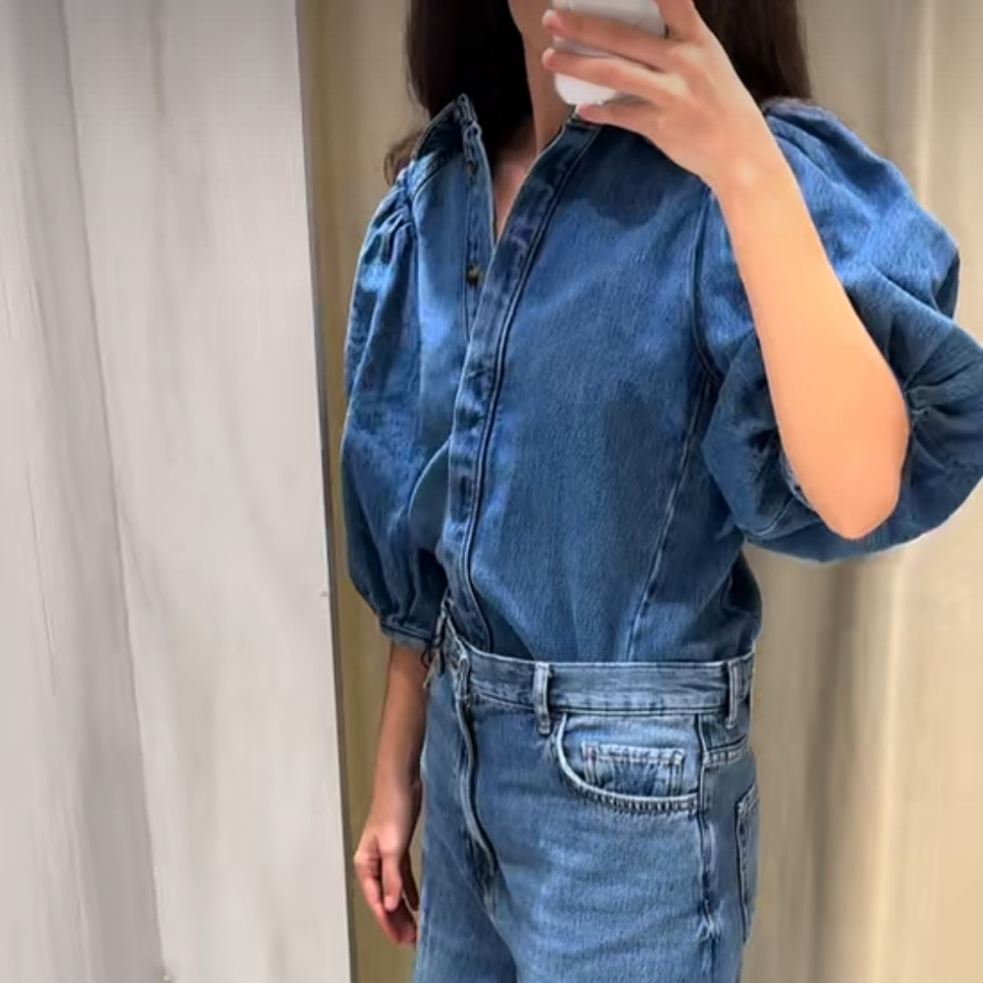 NWT ZARA Denim Puff Sleeve Blouse ZW Collection Blue 5216/053 XS, S, M, L