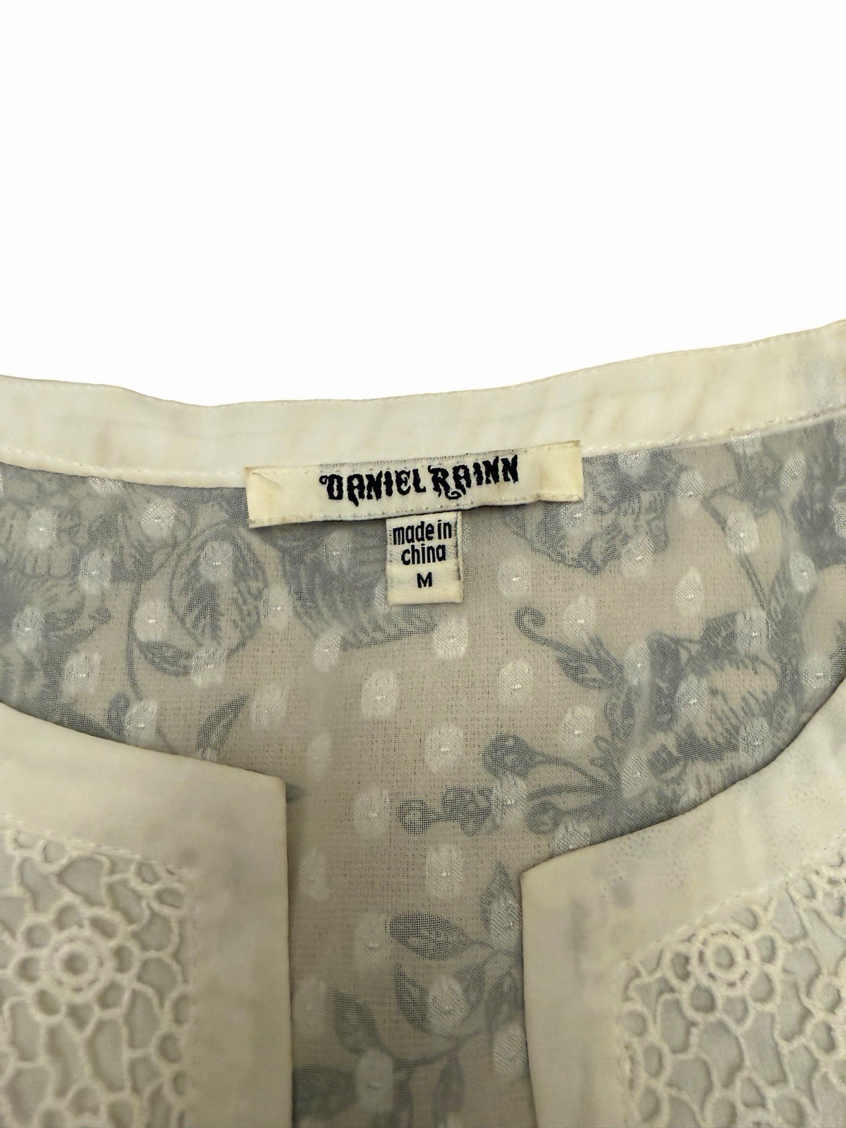 DANIEL RAINN Sheer White Blouse Roll Tab Sleeve MED Pockets Polka Dot Lace STAIN