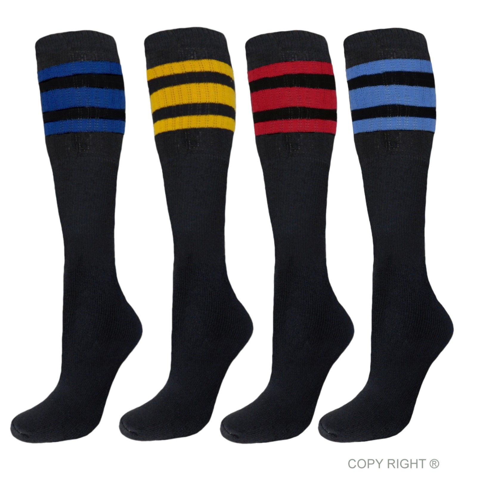4PK TUBE SOCKS COTTON 22 INCHES OLD SCHOOL SOCKS BLACK ASSORTED STRIPED COLORS