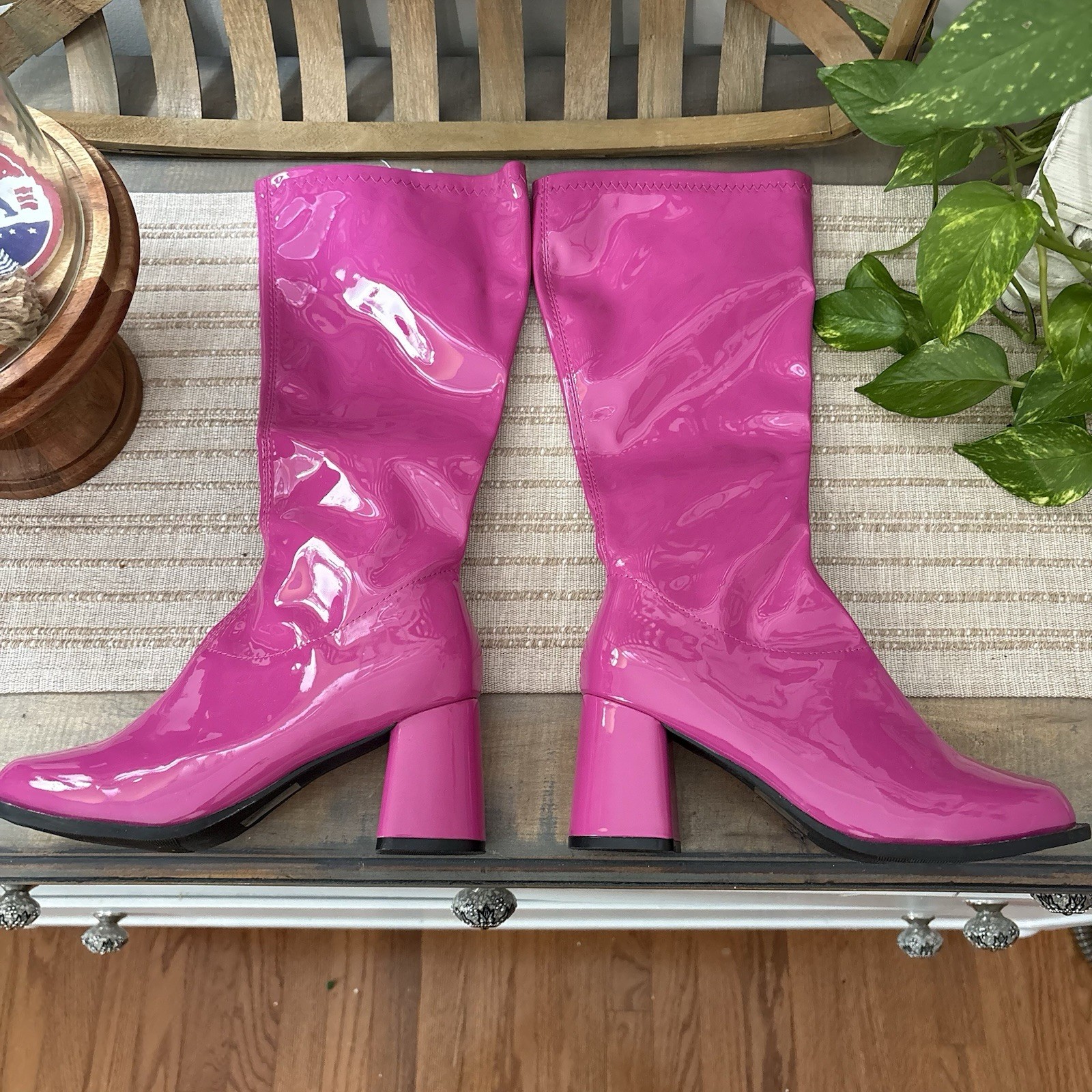 Ellie Shoes Gogo Boots Womens Size 8 Fuchsia Pink Knee High 3in Heel Zip Patent