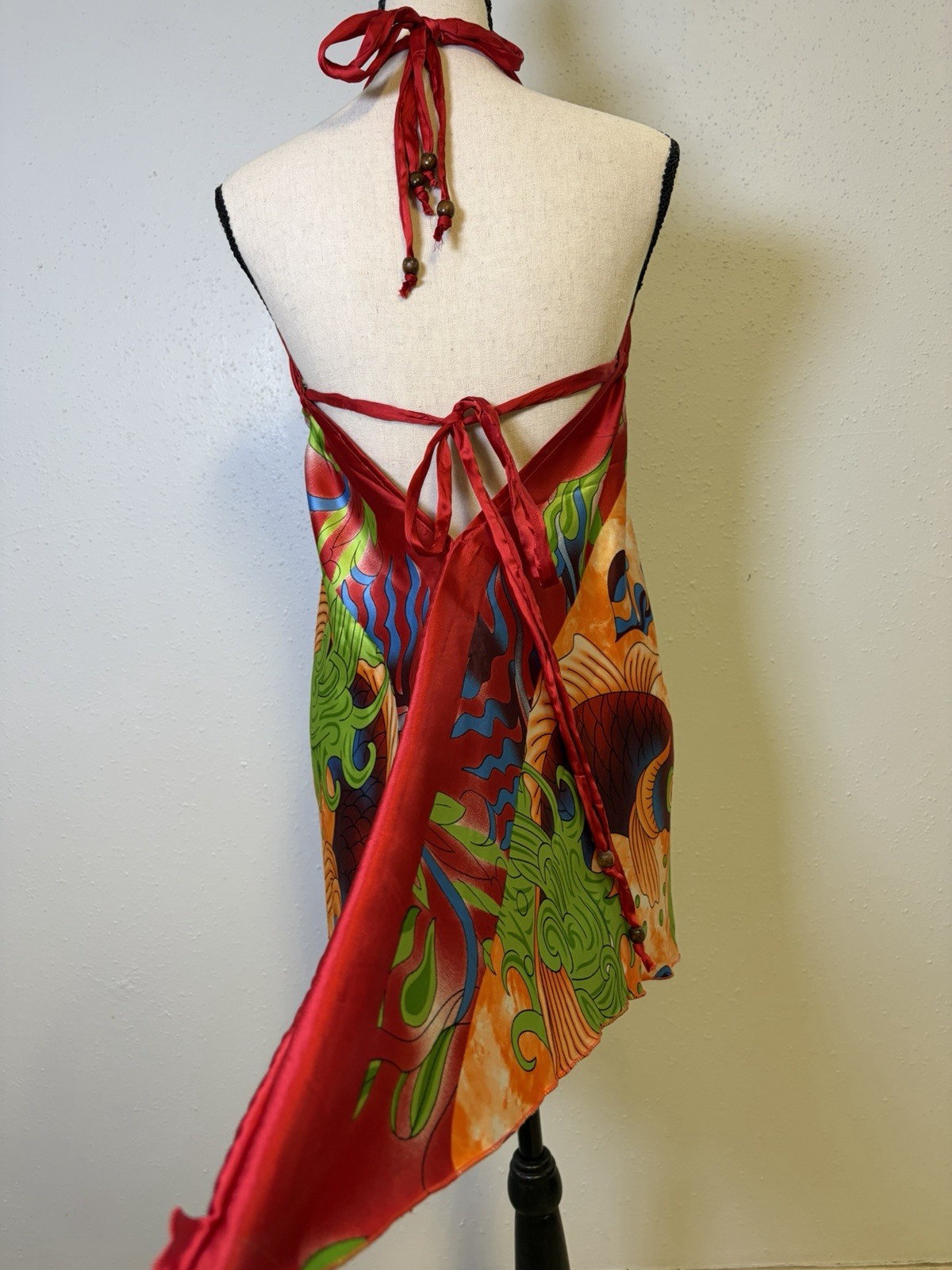 India Boutique Vibrant Flowy Koi Fish Print Halter Mini Dress One Sz Bohemian