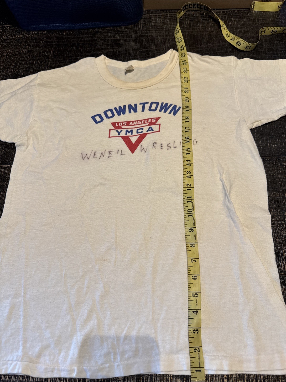 Vintage 60s Russell Running Man YMCA Felted Print T Shirt Size Large