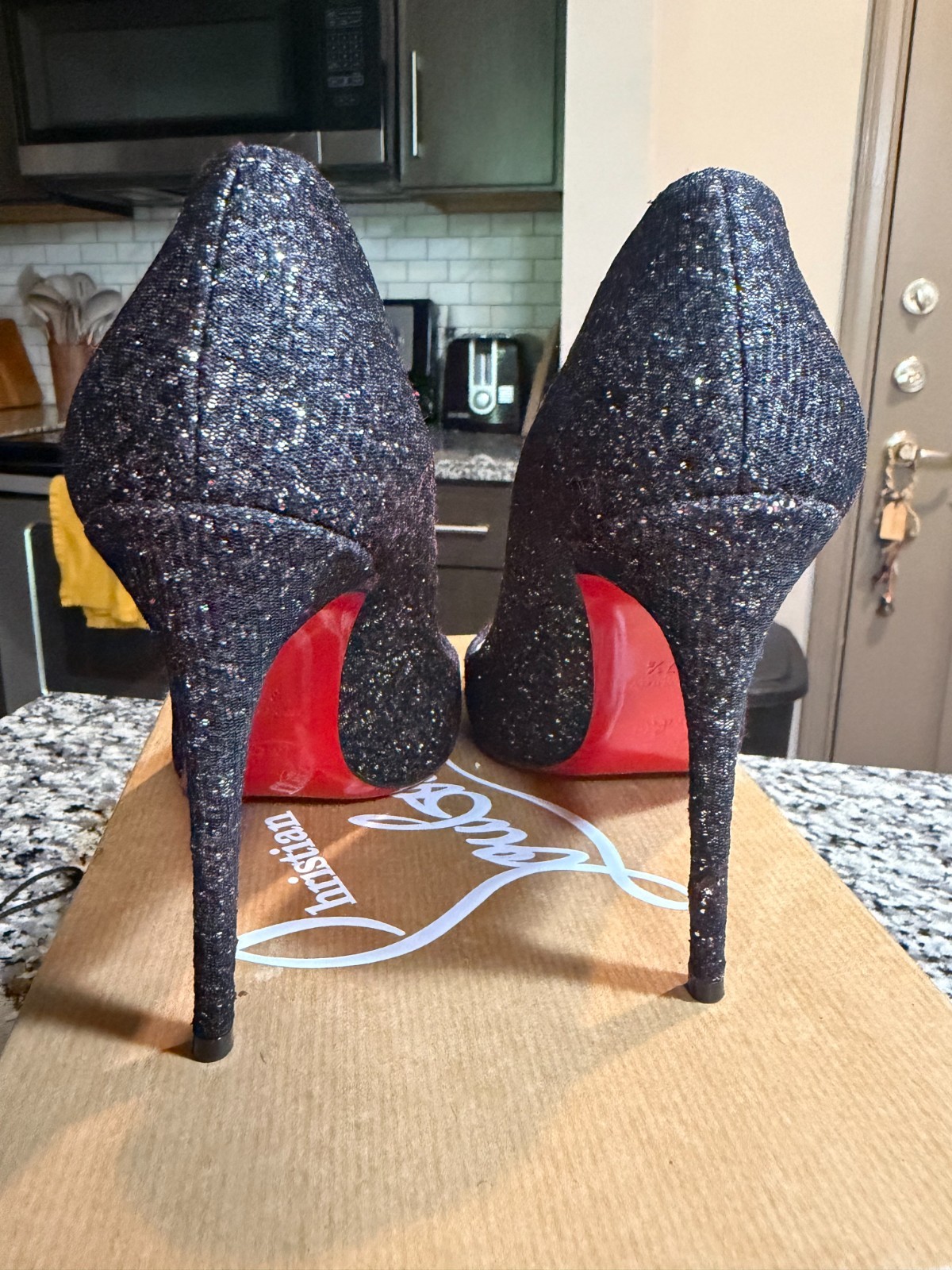 Authentic-Christian Louboutin Pigalle Follies 100 Glitter Black Pumps Size 37.5