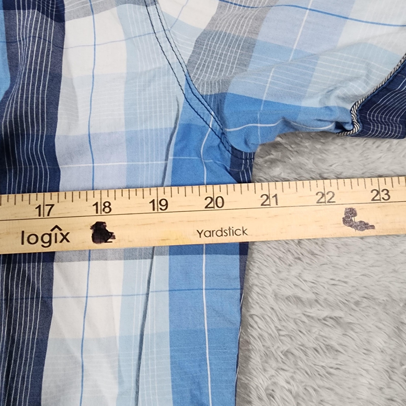7 Diamonds Shirt Mens Large Blue Plaid Short Sleeve Button Up Snap Pockets Trim