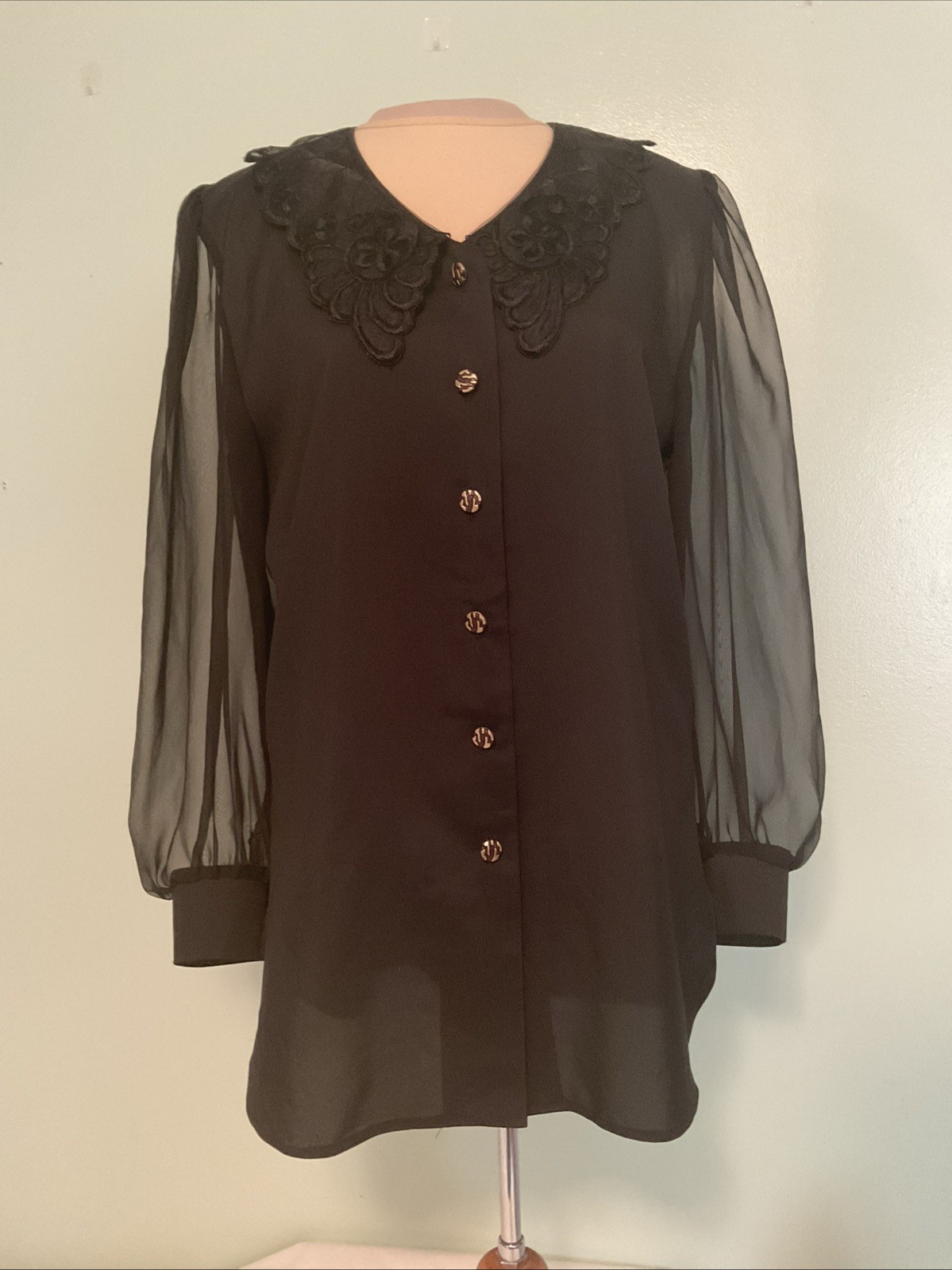 Vintage 80s Black Button Up Blouse Sheer Long Sleeve Size L Capri France