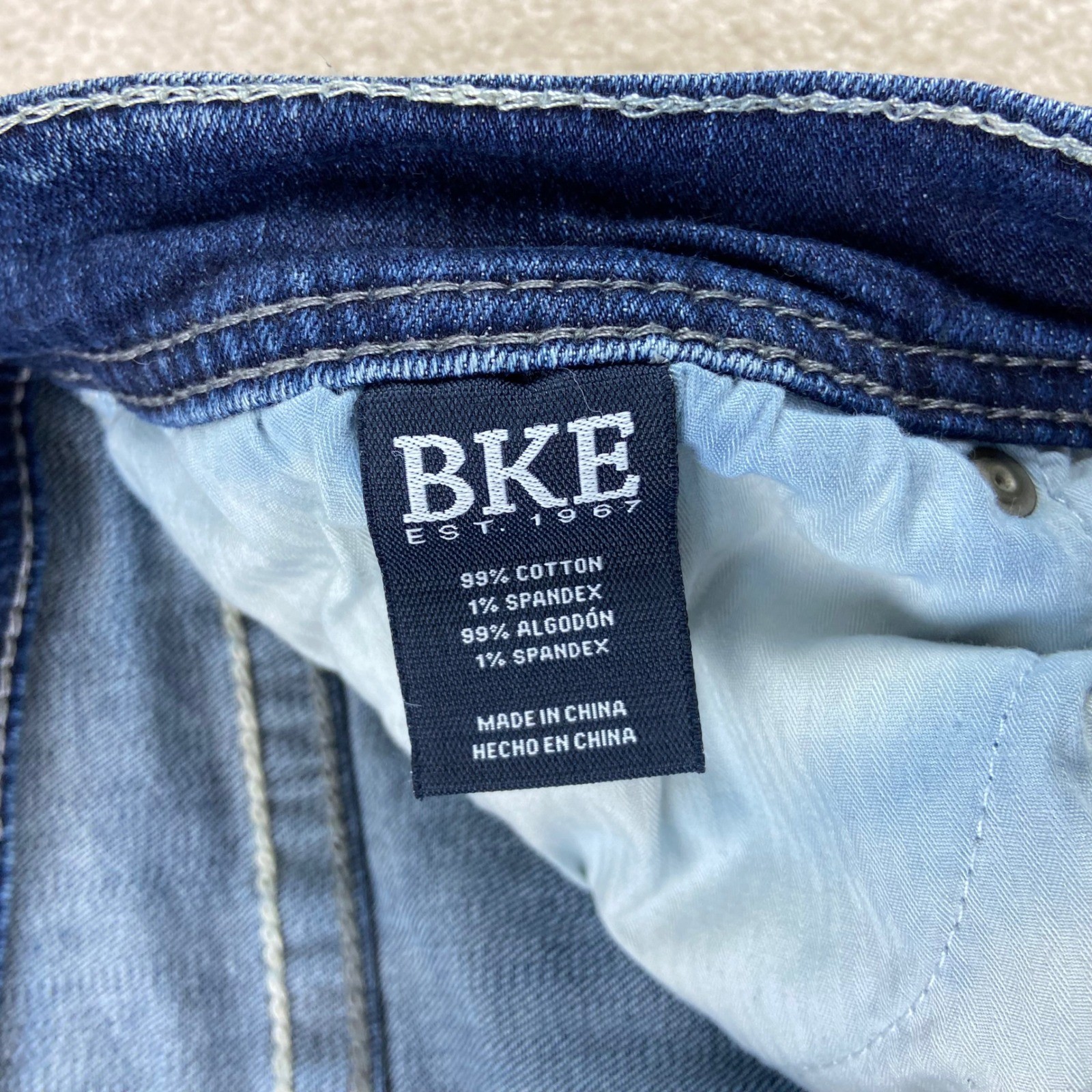 BKE Jake Jeans Mens 32×34 Blue Distressed Bootcut Dark Wash Stretch Denim