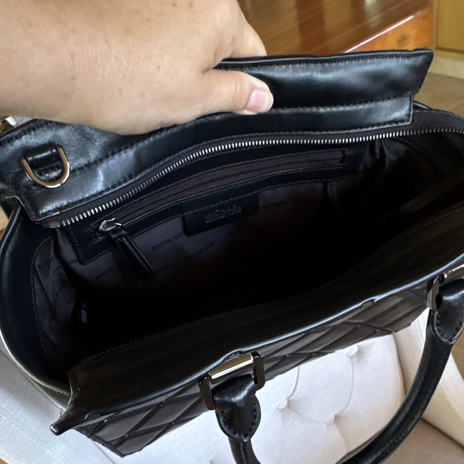 Michael Kors Black Quilted Selma Satchel Top Handle Zip, Detachable Strap