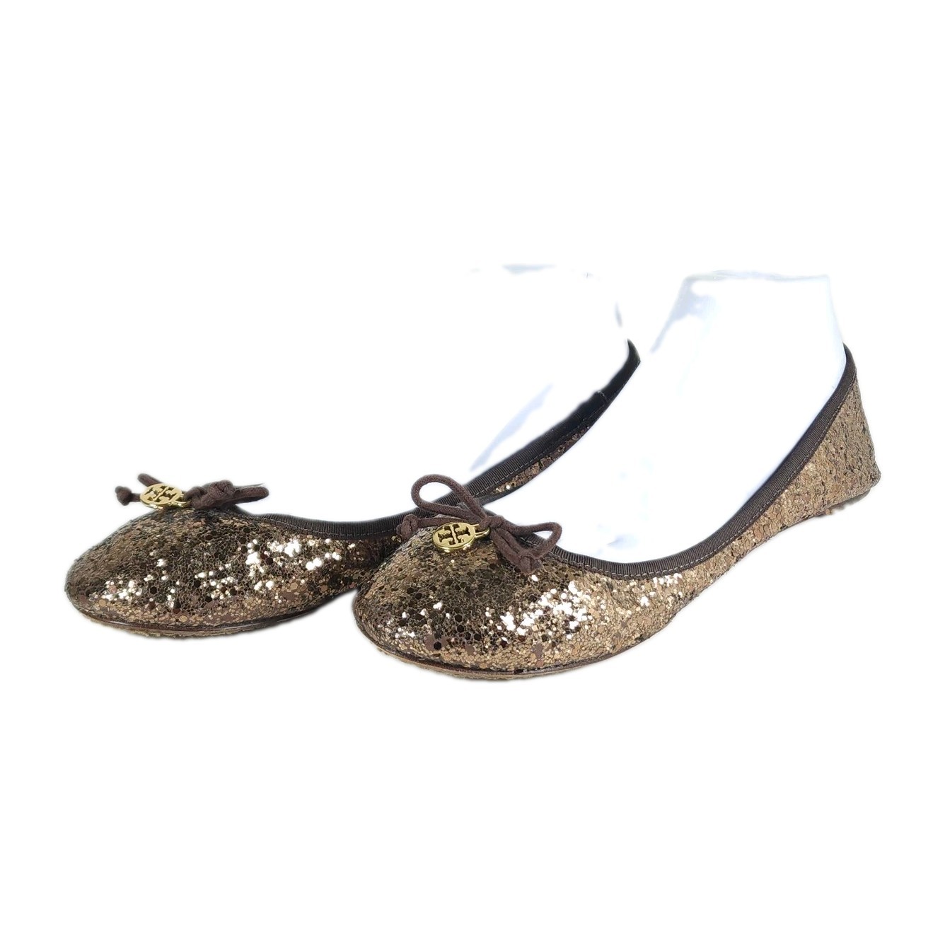 TORY BURCH Women’s US 10M Bronze Glitter Logo Bow Slip On Ballet Flats