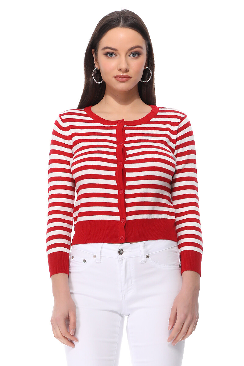 Yemak Women’s 3/4 Sleeve Crewneck Striped Regular Fit Button-Down Cardigan