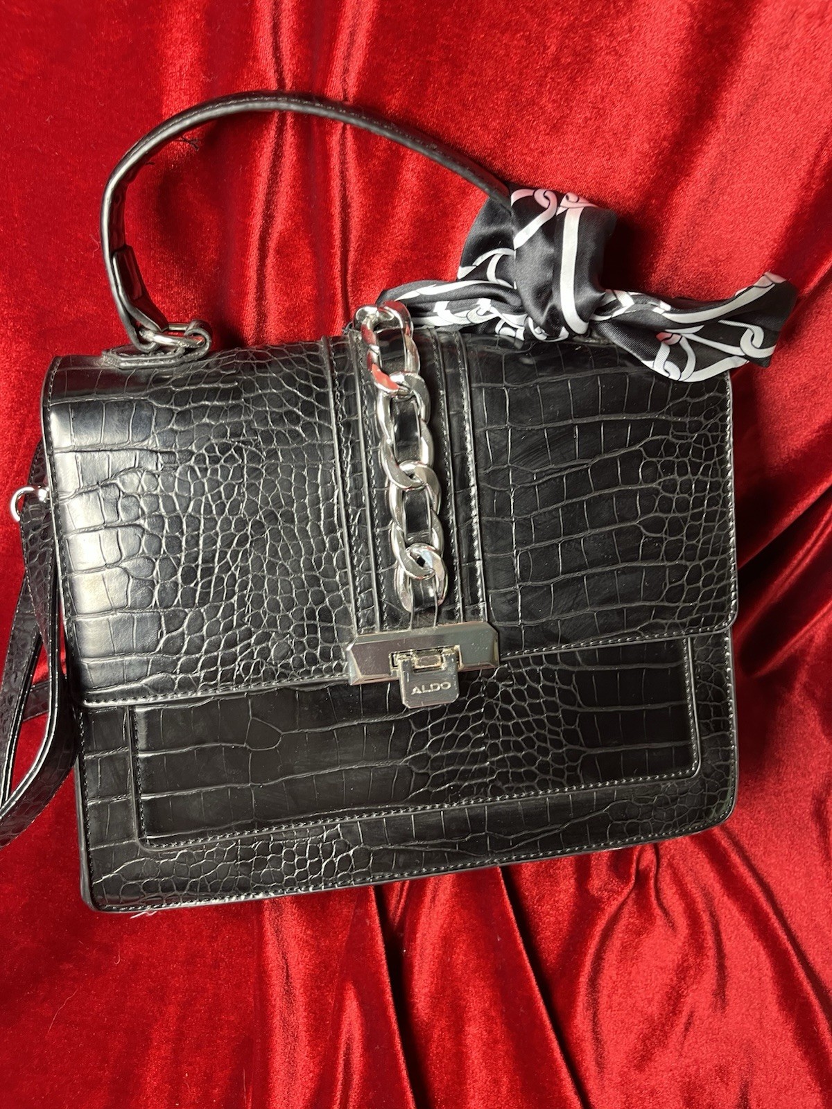 ALDO Anniebrook handbag With Strap Black Satchel Cross Body Scarf Faux Leather