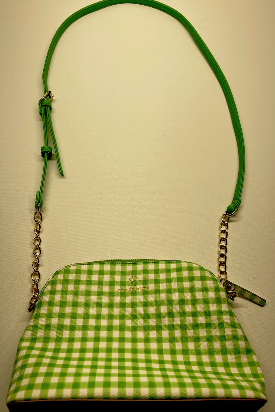 Nanette Lepore Green Checkered Shoulder Bag with Gold Chain Strap, Sku#0106