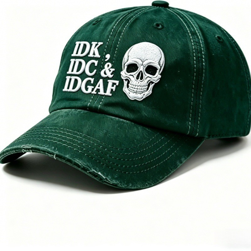 IDK IDC & IDGAF Skull Embroidered Vintage Washed Baseball Cap Funny Men Dad Hat