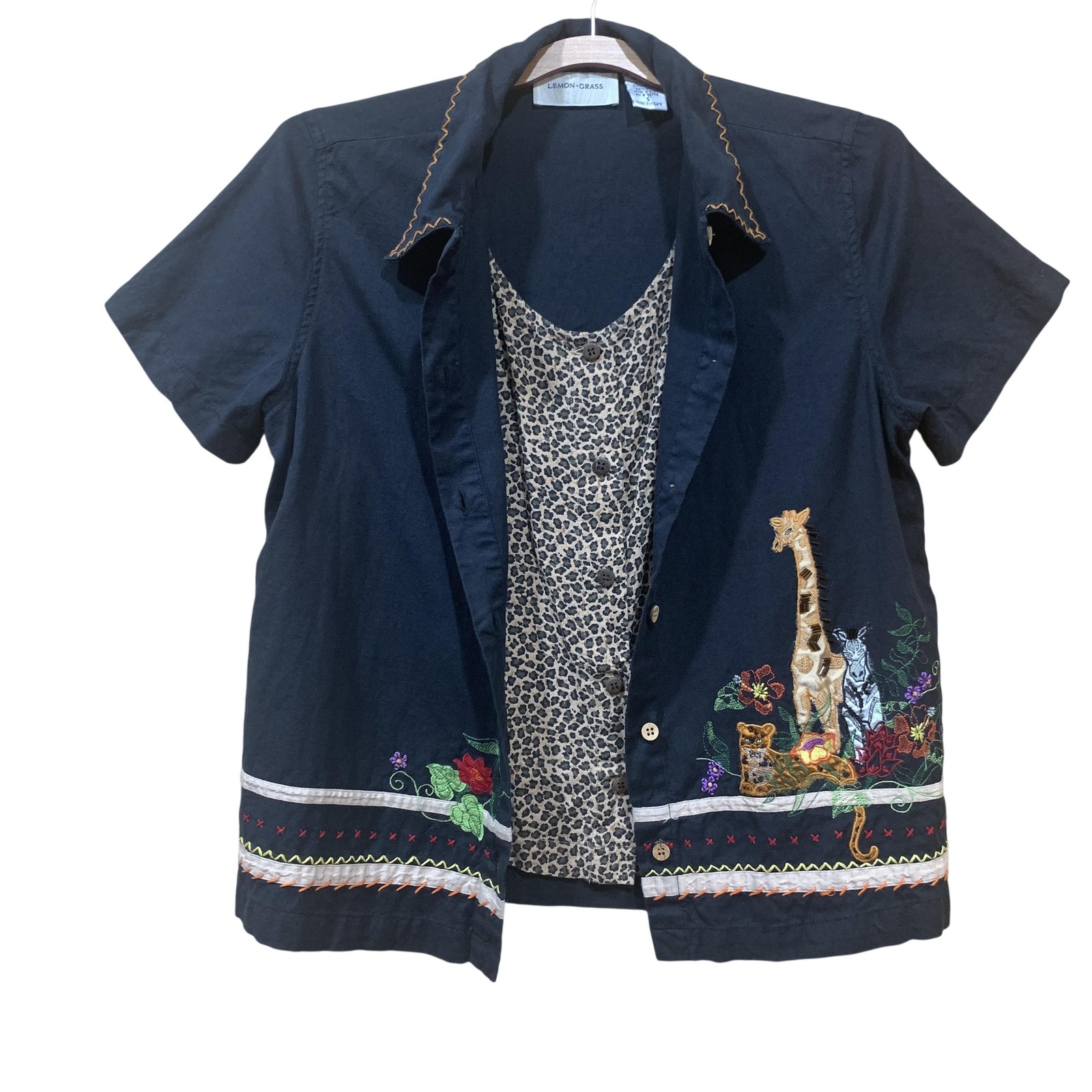 Lemon Grass Shirt Womens Small Black Embroidered Safari Animals Layered Top