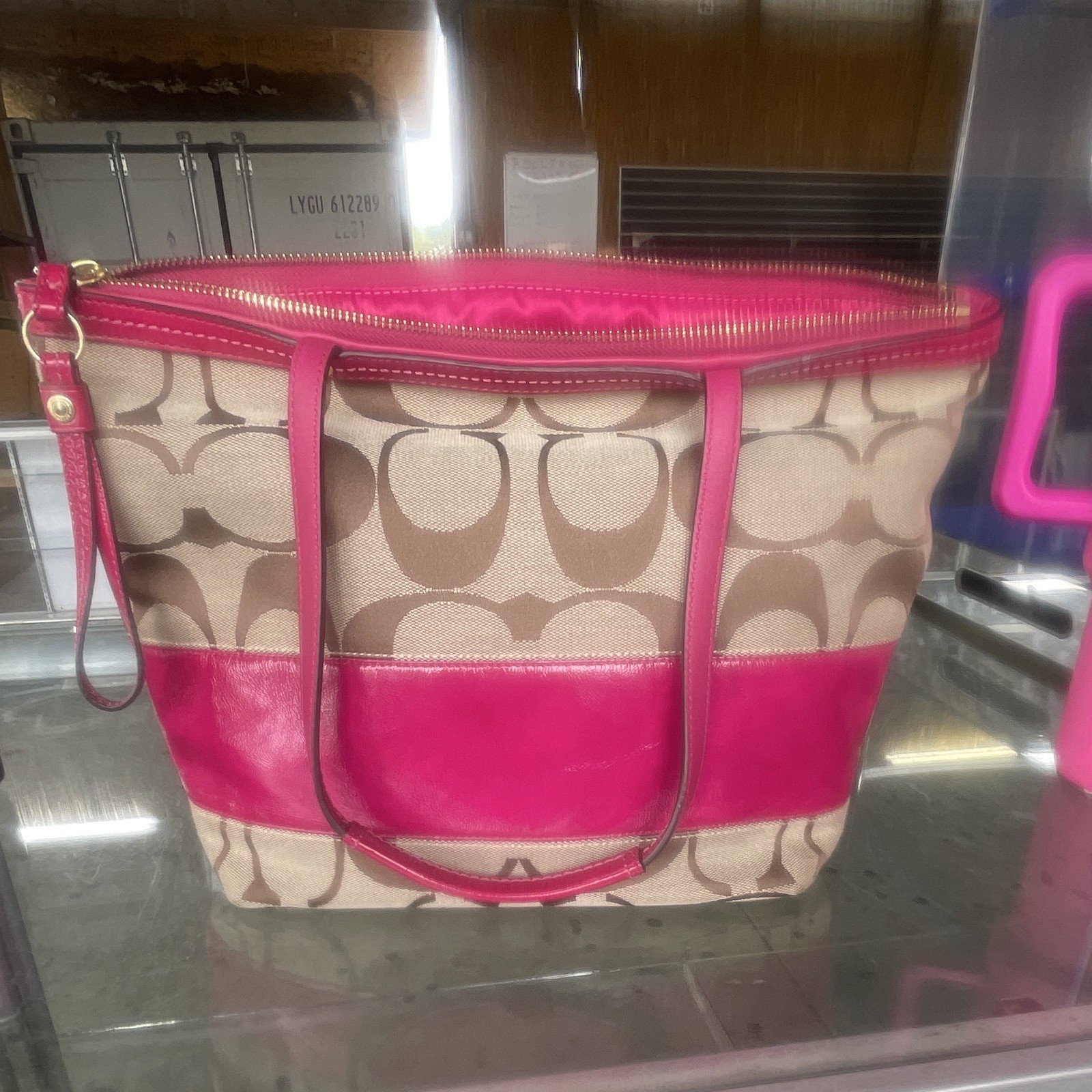 Coach Signature Logo Zip Top Medium Tote Pink/Beige/Brown, Charm, Pockets