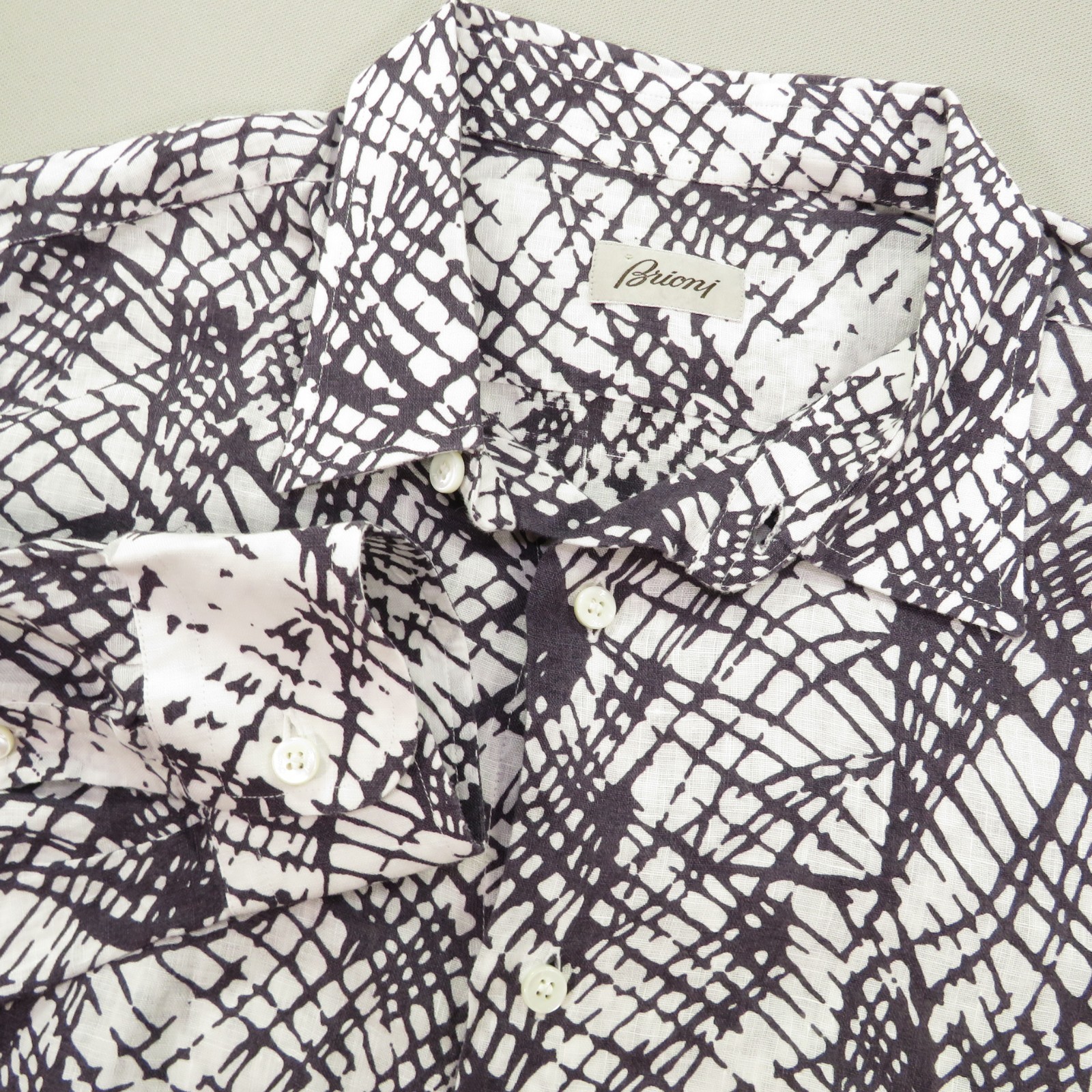 Brioni Shirt Mens XL 100% Linen Black White Graphic Print Long Sleeve Button Up