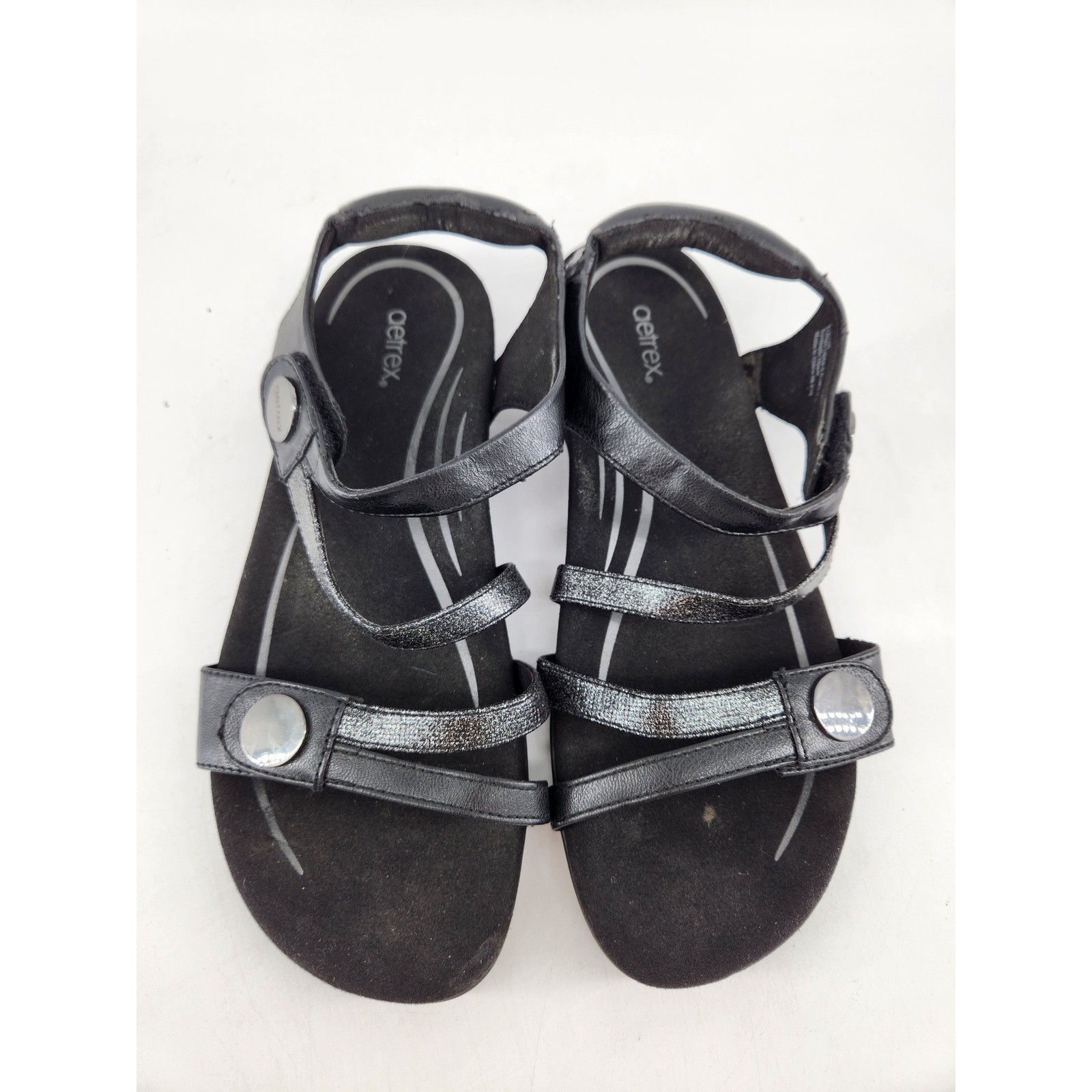 Aetrex Jess Strap Sandals Womens 9-9.5 Black Metallic Strappy Comfort SE210W