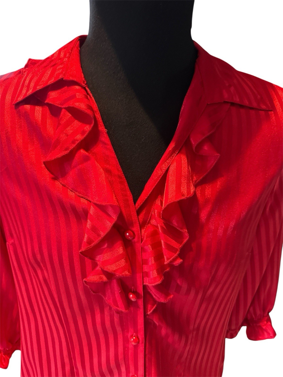 Notations VTG red ribbon stripe cascading ruffle secretary blouse Romantic Top L