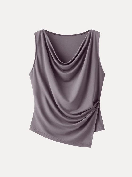 OGL Cowl Neck Asymmetrical Tucked Sleeveless Top, Taro Purple