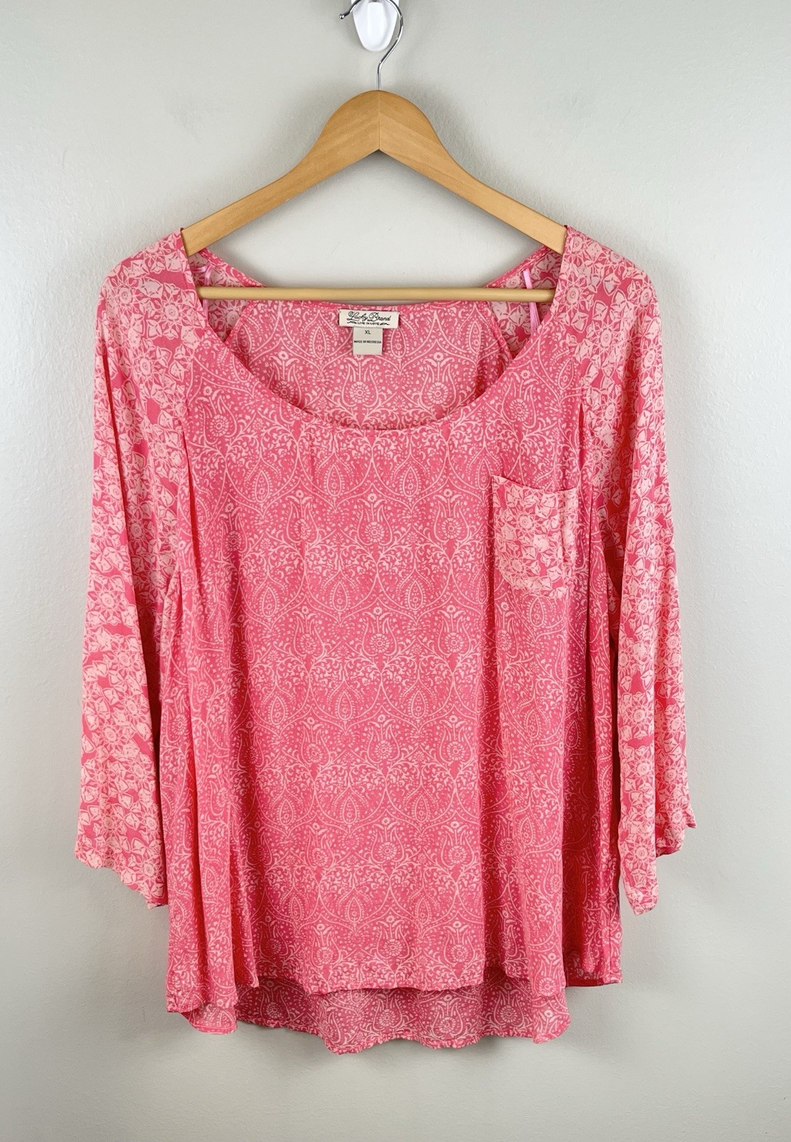Lucky Brand XL Women’s Top Coral Pink 3/4 Sleeve Scoop Neck Boho Colorful