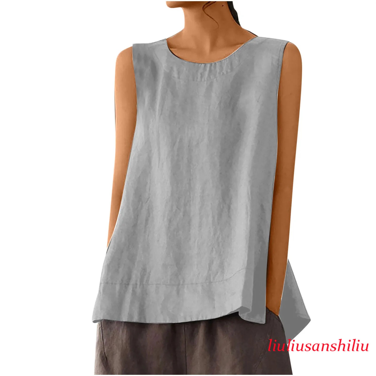 Solid Color Casual Cotton Linen Sleeveless Round Neck Soft and Breathable Top