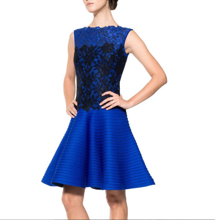 Tadashi Shoji Pintuck Neoprene & Lace Dress Size 10 Blue Black Cocktail Evening
