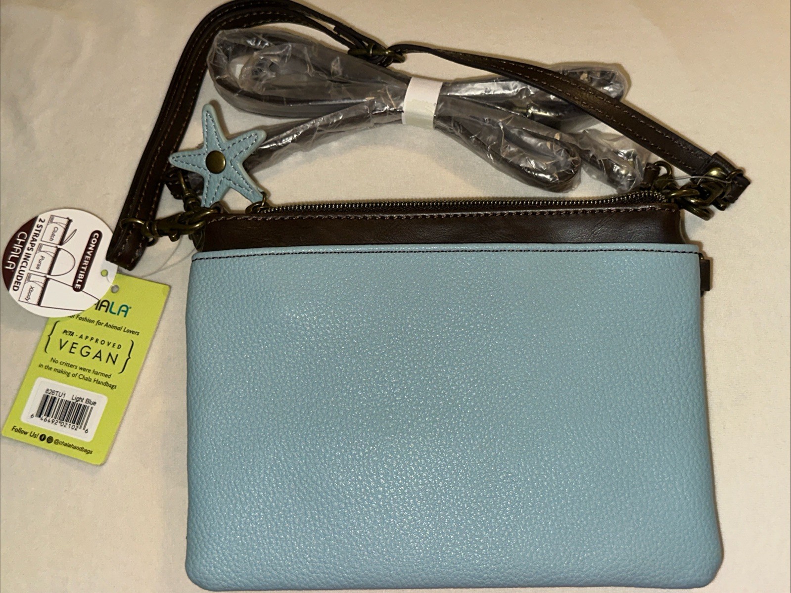 Chala SEA TURTLE Convertible Clutch Purse Crossbody Bag Vegan Blue Brown Small