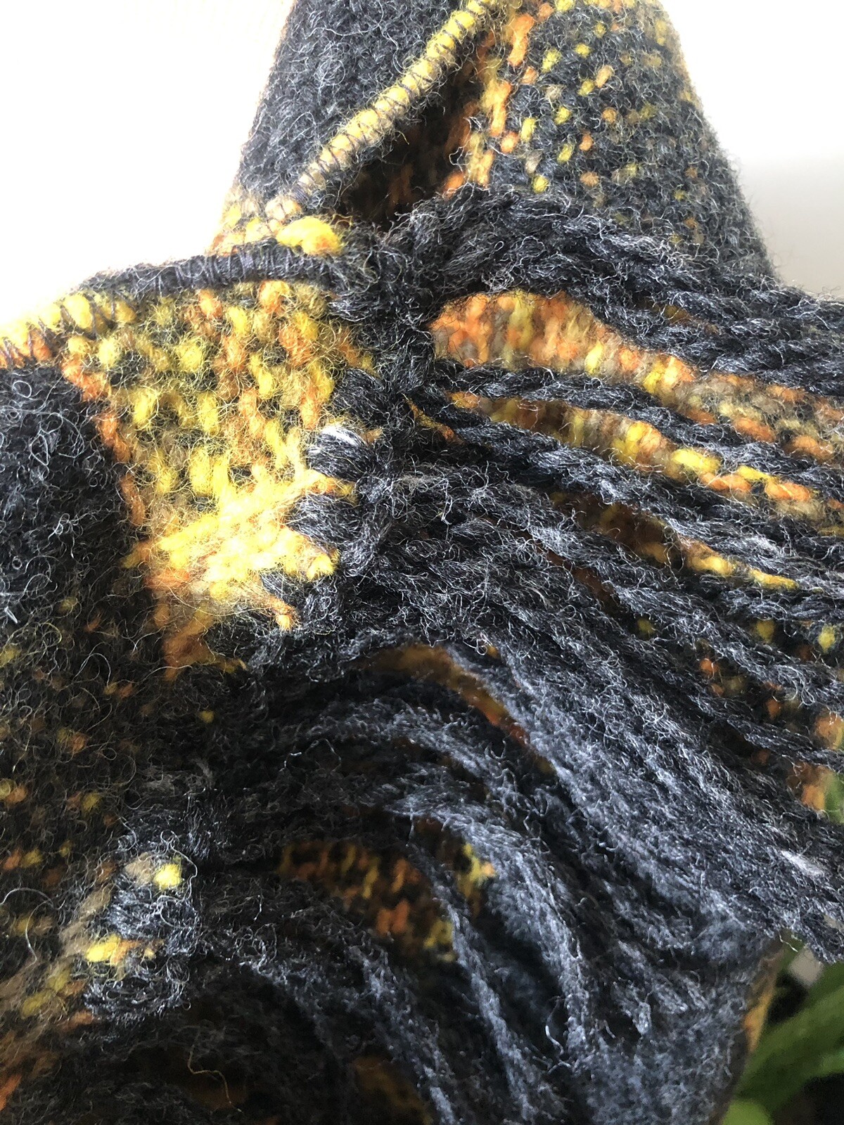 1960’s Charcoal Gray/ Yellow/ Orange Plaid Wool Triangle Shawl