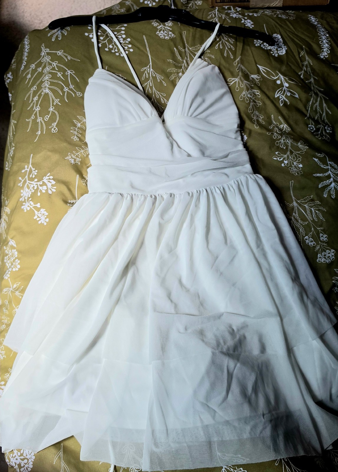 Halara White Mini Dress V-Neck Lace-Up Mesh Layered Strappy Sleeveless L