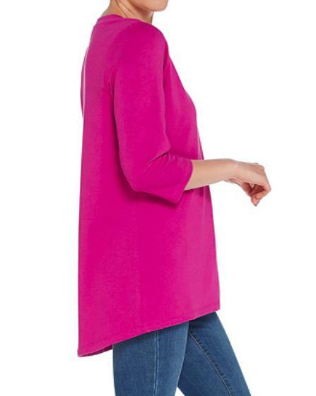 Denim & Co Essentials French Terry 3/4-Sleeve Hi-Low Tunic- Purple Pink, XXS