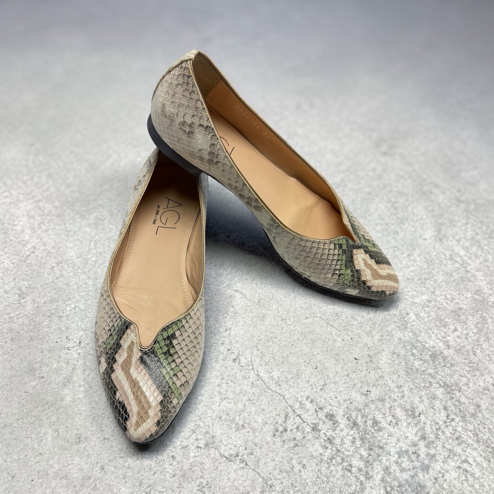 AGL Ballet Flats 37.5 Snakeskin Leather Pointed Toe Italy Designer Shoes