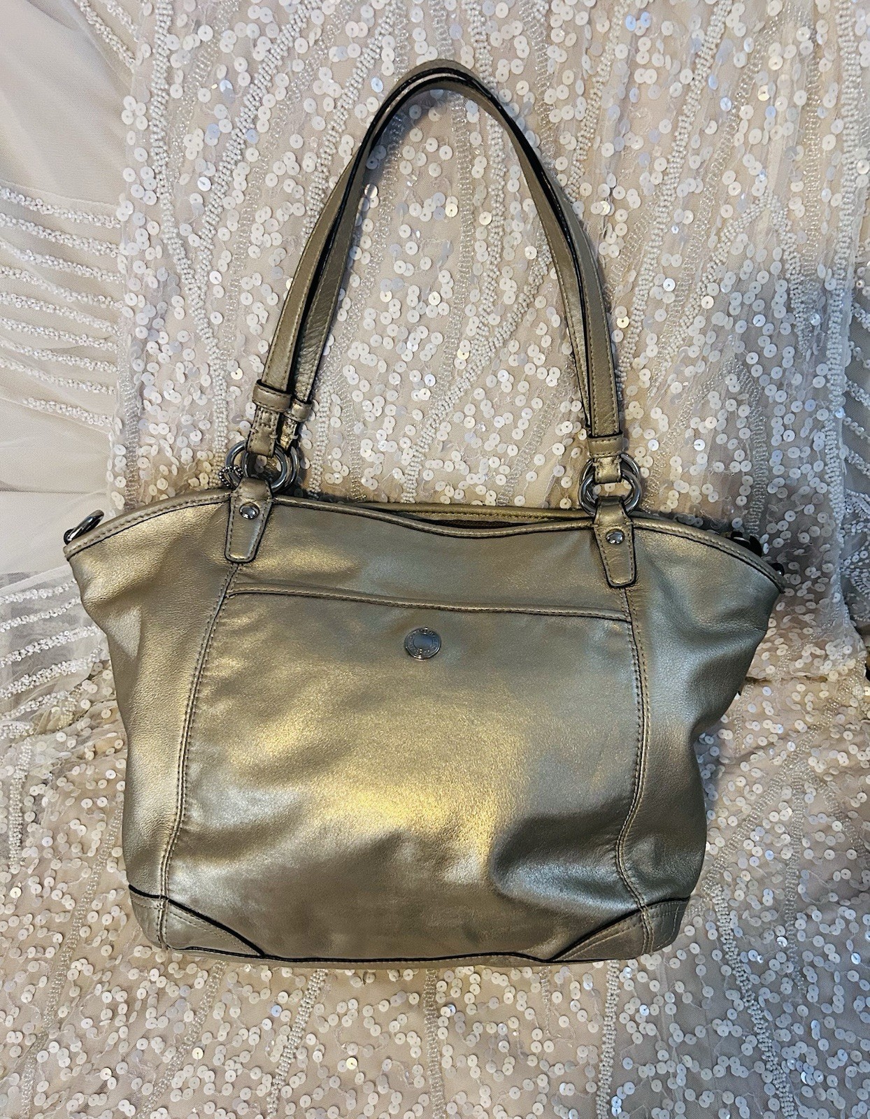 Coach Leah Leather Large Hand Bag Purse Satchel Tote Gold Metallic No 13173