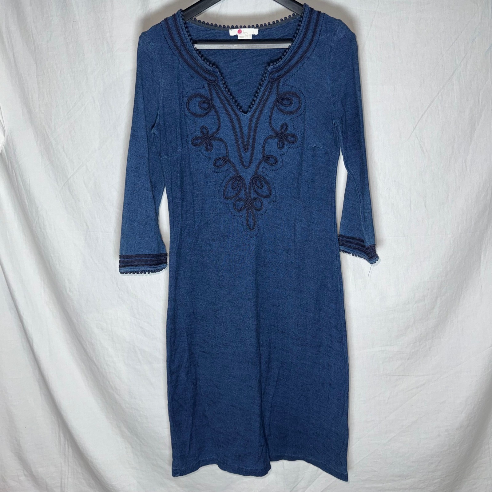 Boden Blue Cotton Slub Embroidered V-Neck Shift Dress Pom Pom Trim 6 Regular