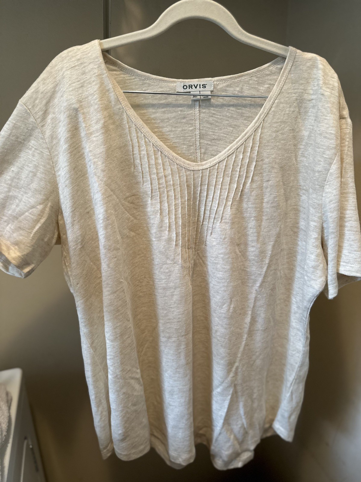 Orvis Womens Minimalist Beige Linen Pintuck Short Sleeve Top XL Granola Coastal